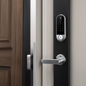 An image that depicts a modern, sleek smart lock installed on a front door, with a person using a smartphone to remotely grant access to a visitor standing outside