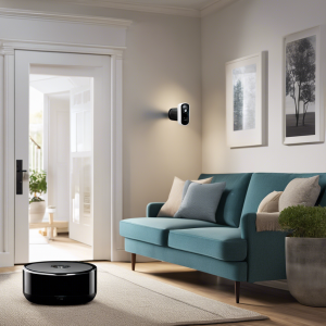 An image showcasing a cozy living room with a smart security camera discreetly mounted on a wall, a motion sensor by the front door, and a smartphone displaying the live feed, highlighting the affordability of these budget-friendly home security systems