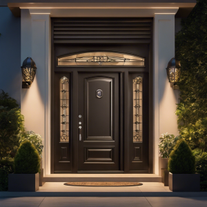 An image depicting a front door with a smart lock, motion sensor lights illuminating the pathway, security cameras discreetly positioned, and a smartphone displaying a live video feed of the home's interior