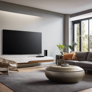 An image showcasing a modern living room with a state-of-the-art home security system