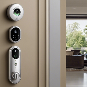 An image showcasing a diverse range of home security devices, including cameras, motion sensors, and smart locks, elegantly displayed on a wall