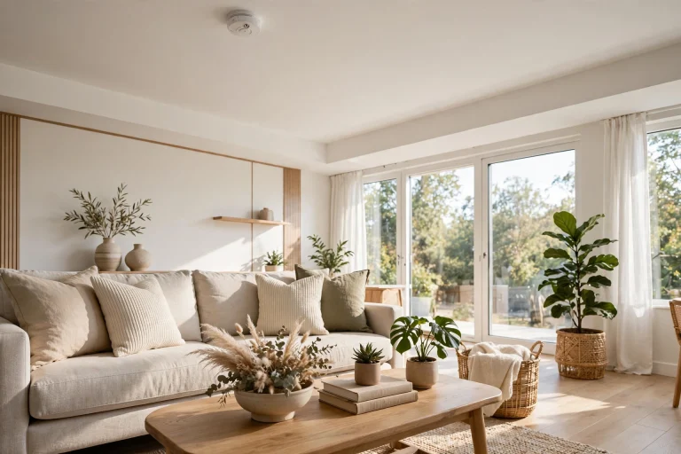 Smoke alarm installed on a living room ceiling