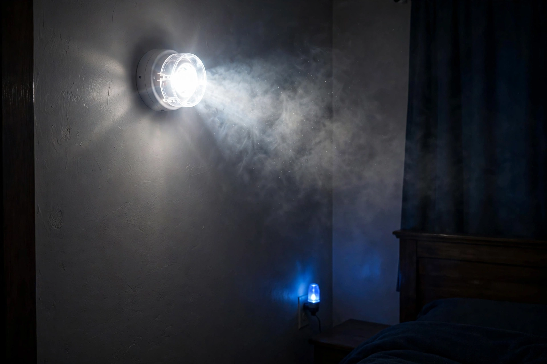 Strobe smoke alarm flashing on a bedroom wall at night
