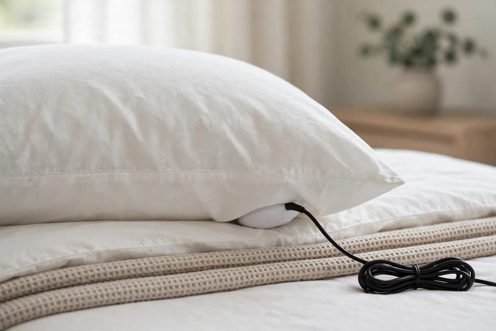 Bed shaker device placed under a pillow on a bed