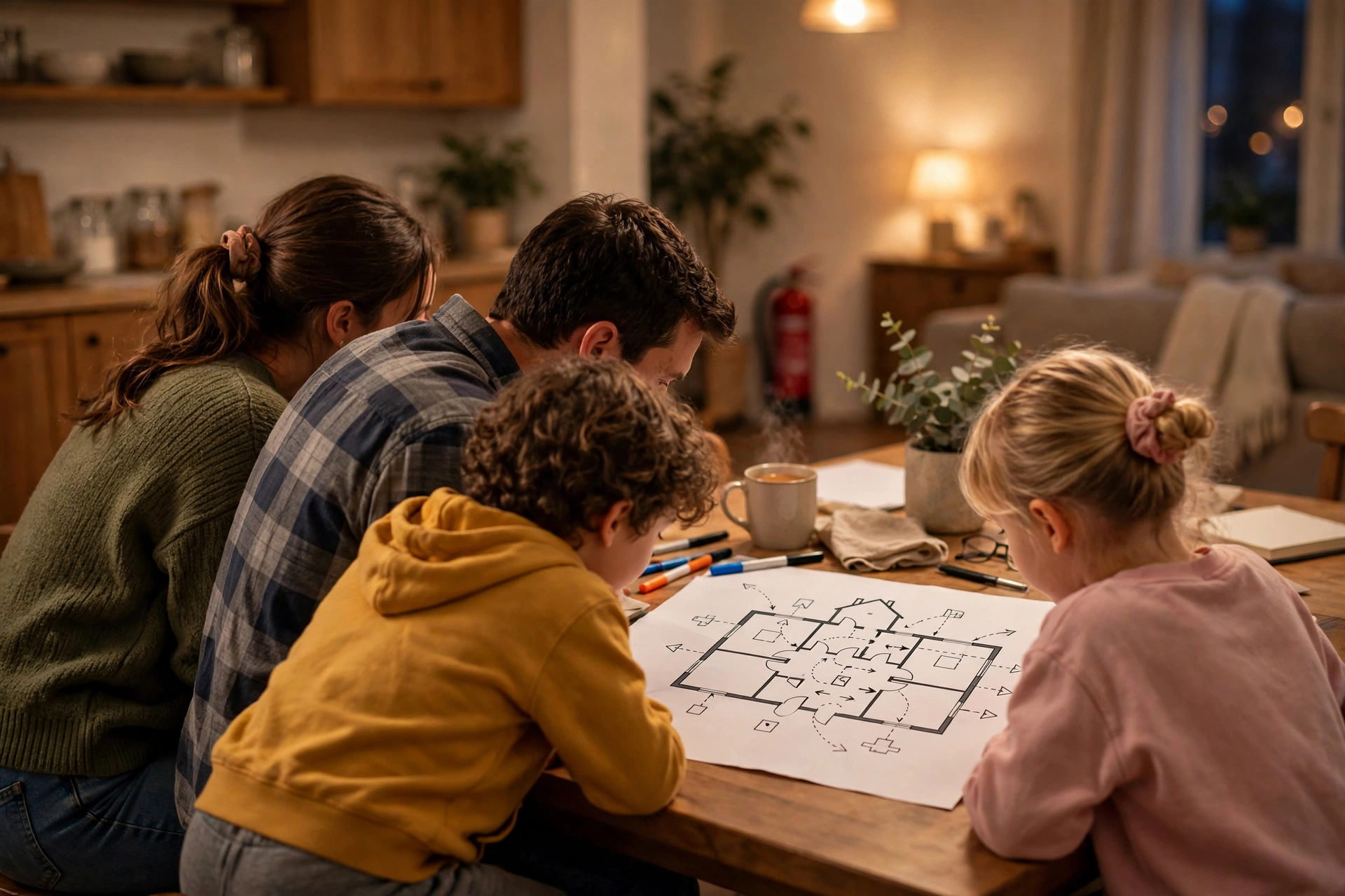 Family reviewing a home fire escape plan at a dining table
