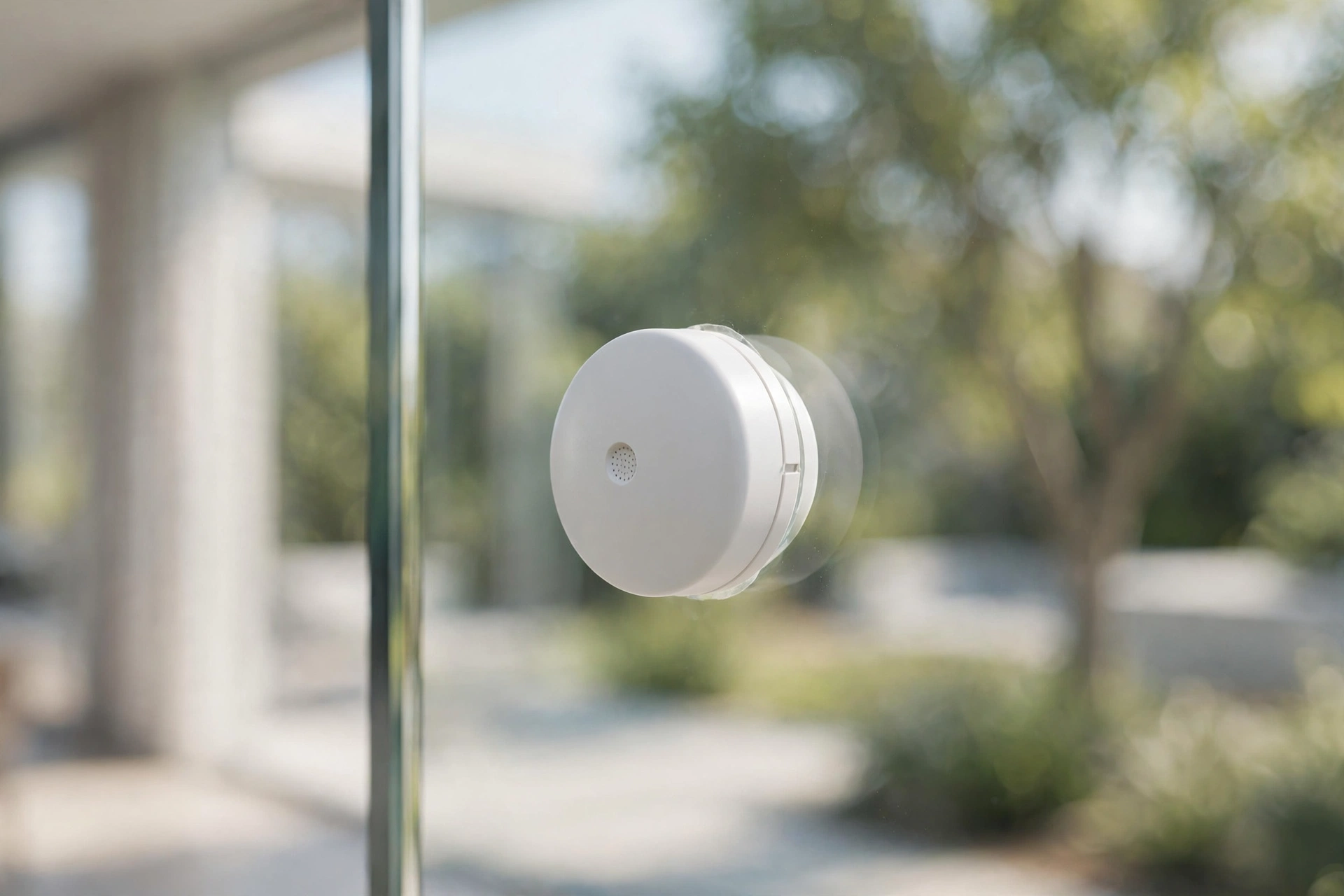 Glass break sensor mounted on a home window