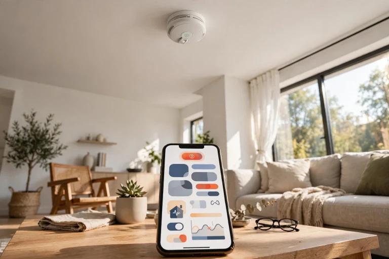 Smart smoke detector on a living room ceiling with phone alert nearby