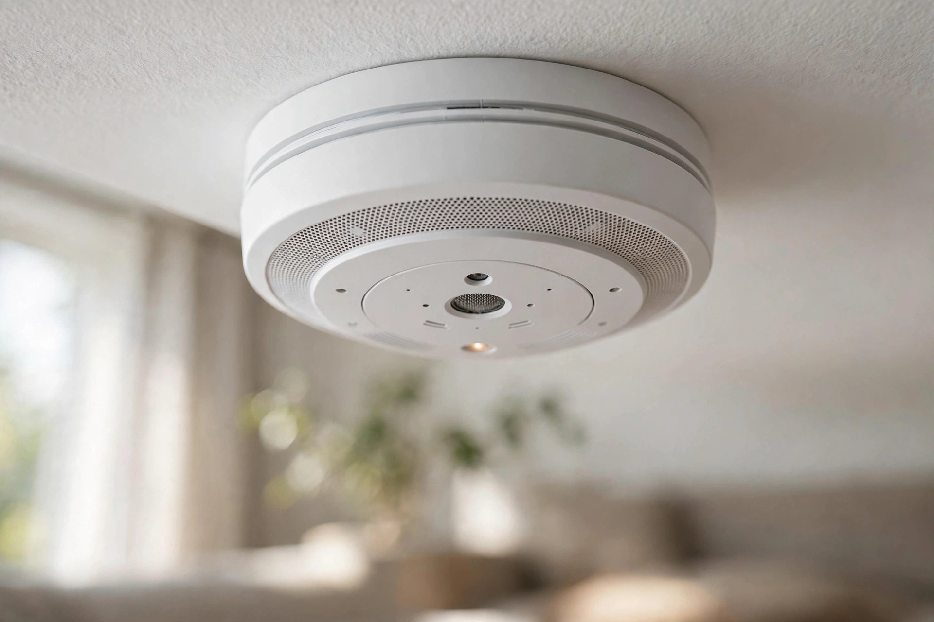 Close-up of a smart smoke detector on a living room ceiling