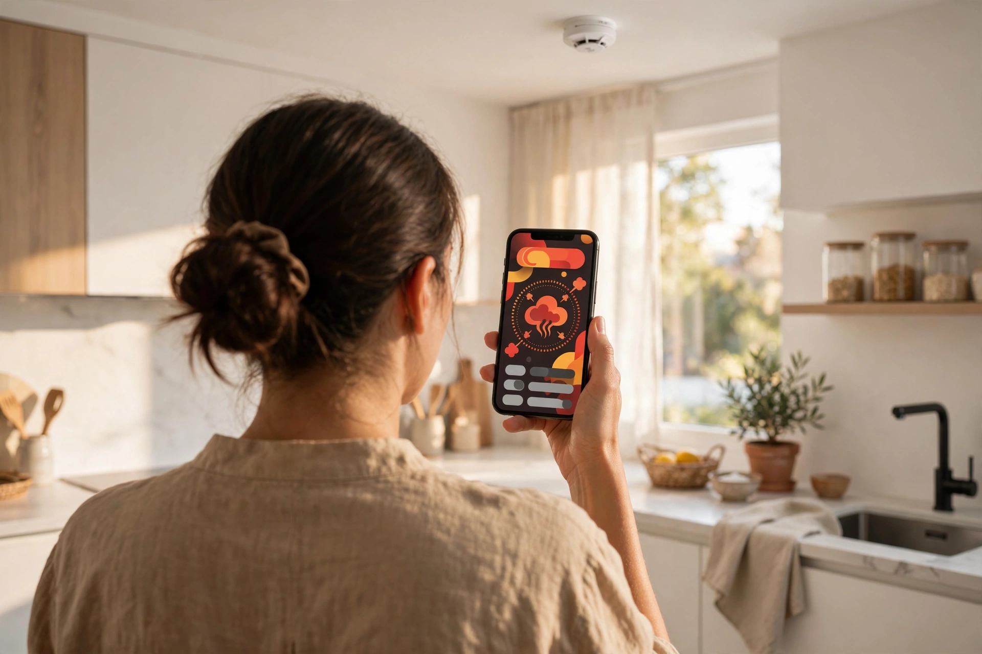 Person checking a smoke detector alert on a smartphone in the kitchen