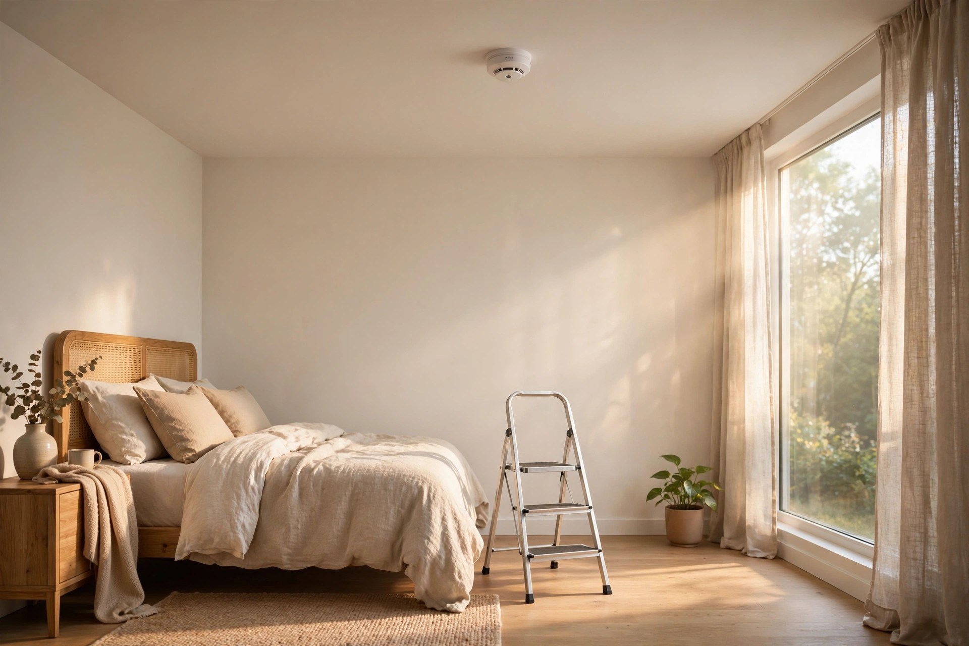 Smoke detector on a bedroom ceiling above a step ladder
