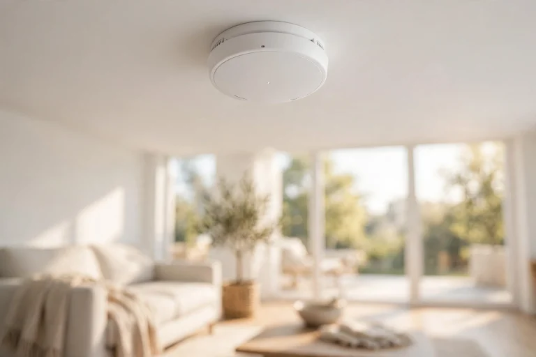 Smart smoke detector mounted on a bright living room ceiling