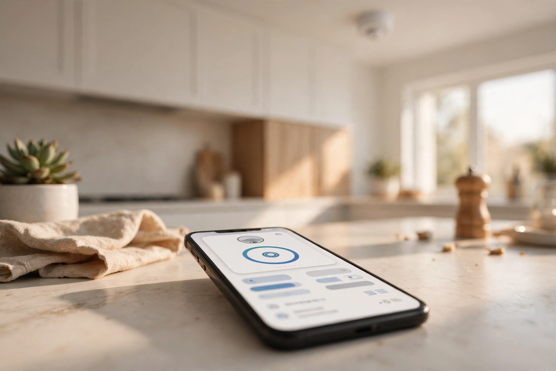 Smartphone showing a smoke detector alert on a kitchen counter