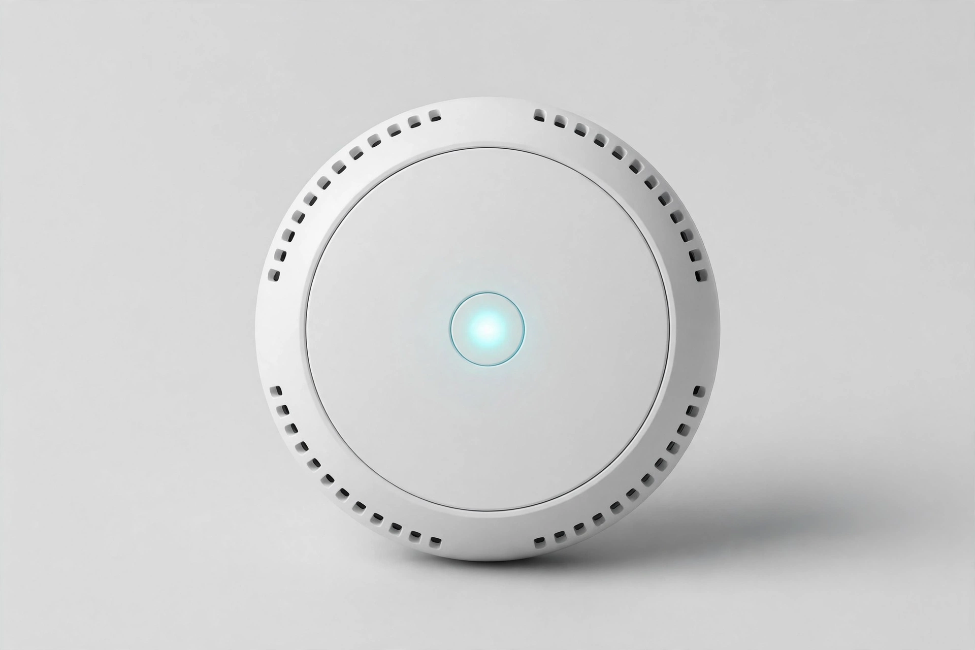 Round white smart smoke detector with center status button