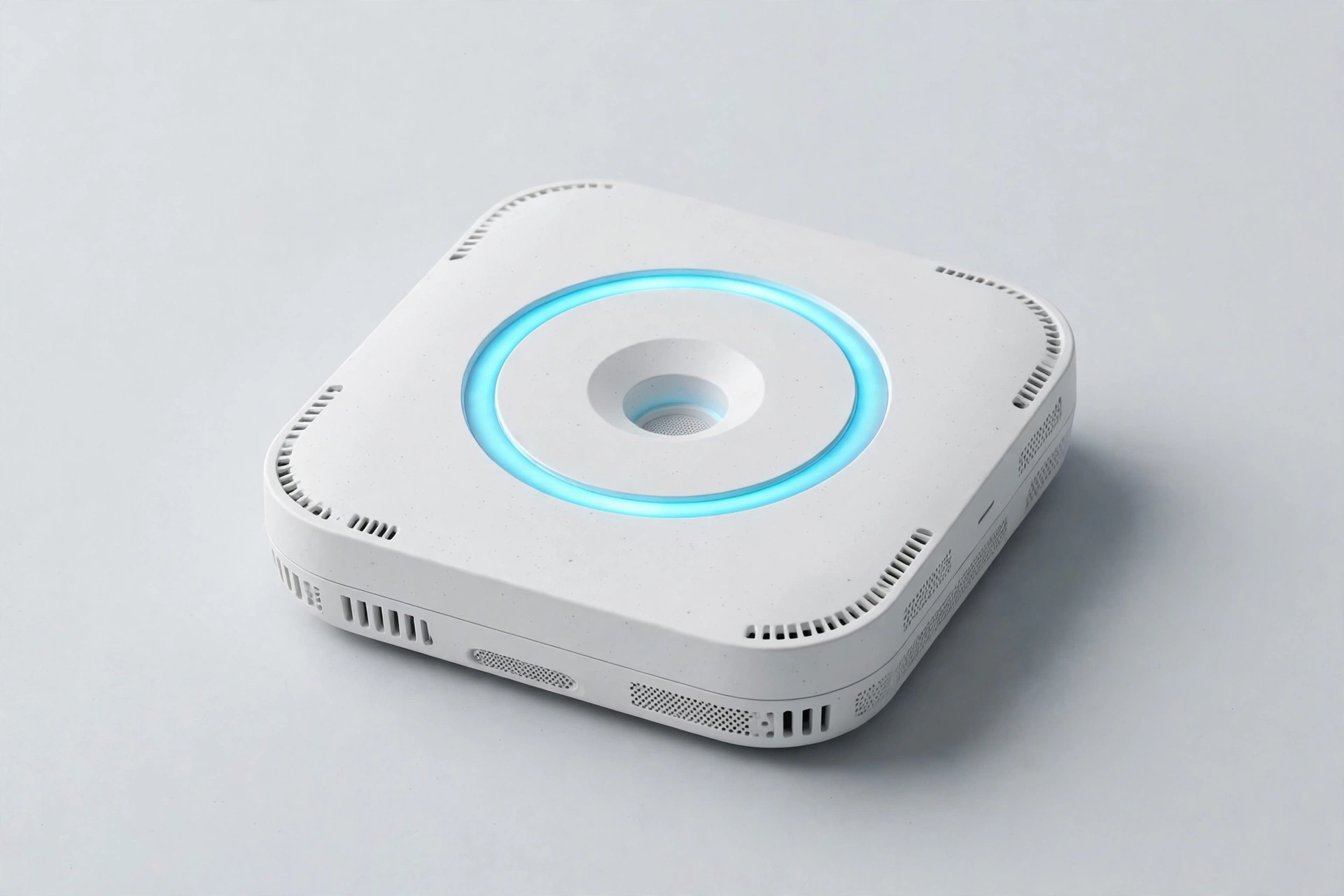 Square white smart smoke detector with LED status ring