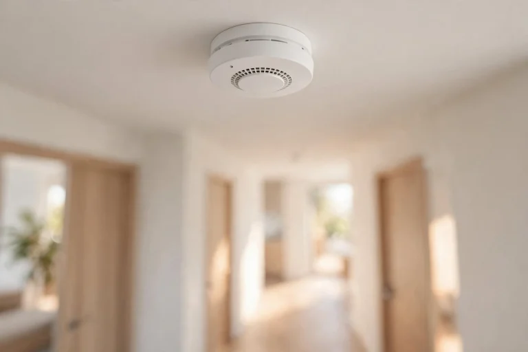 Smoke and carbon monoxide combo detector on a bright hallway ceiling