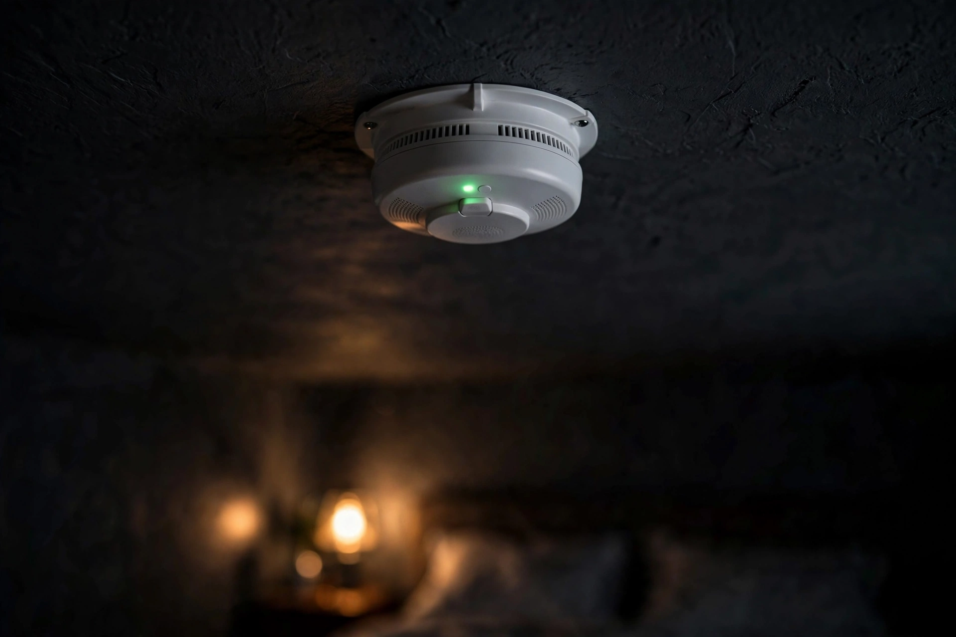 Combo detector glowing softly on a bedroom ceiling at night