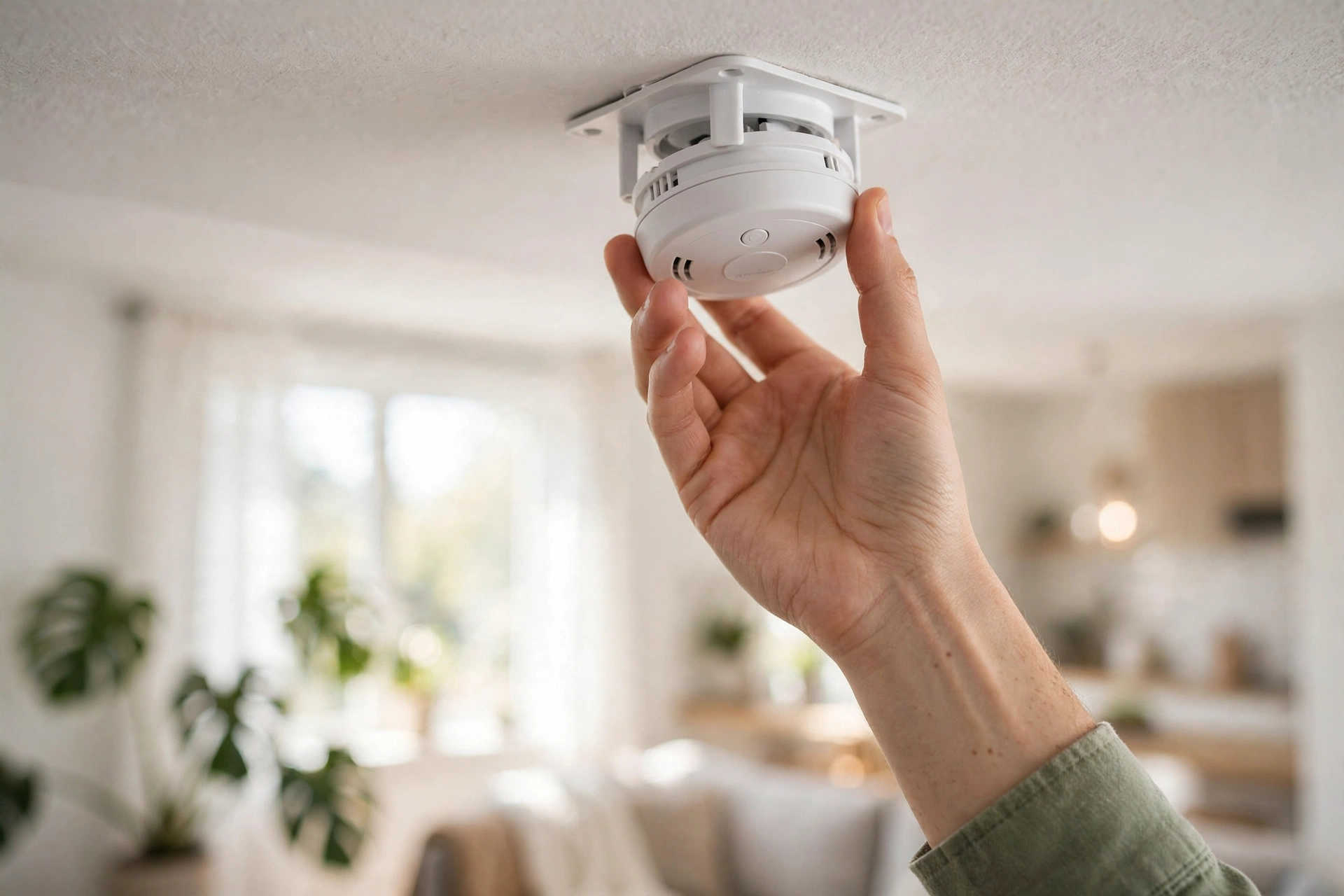 Hand installing a smoke and carbon monoxide detector on a ceiling