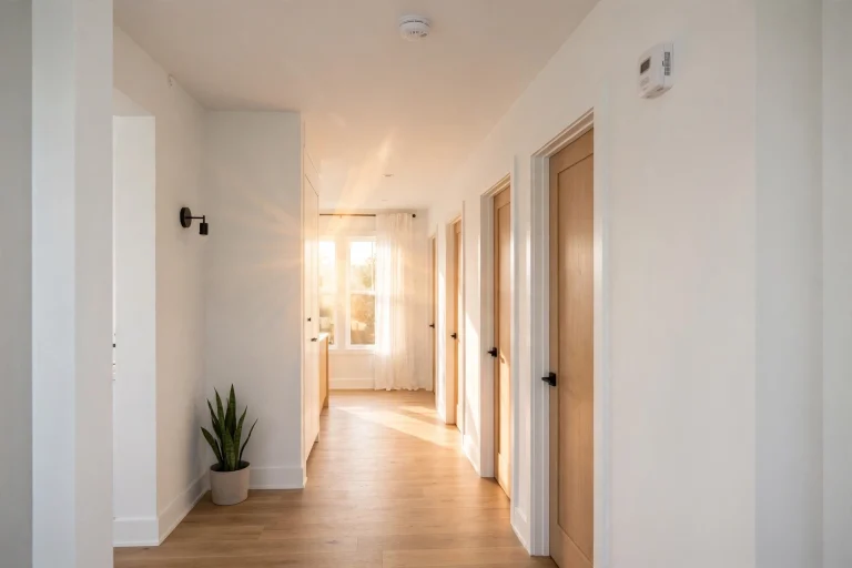 Smoke detector and carbon monoxide detector installed in a home hallway