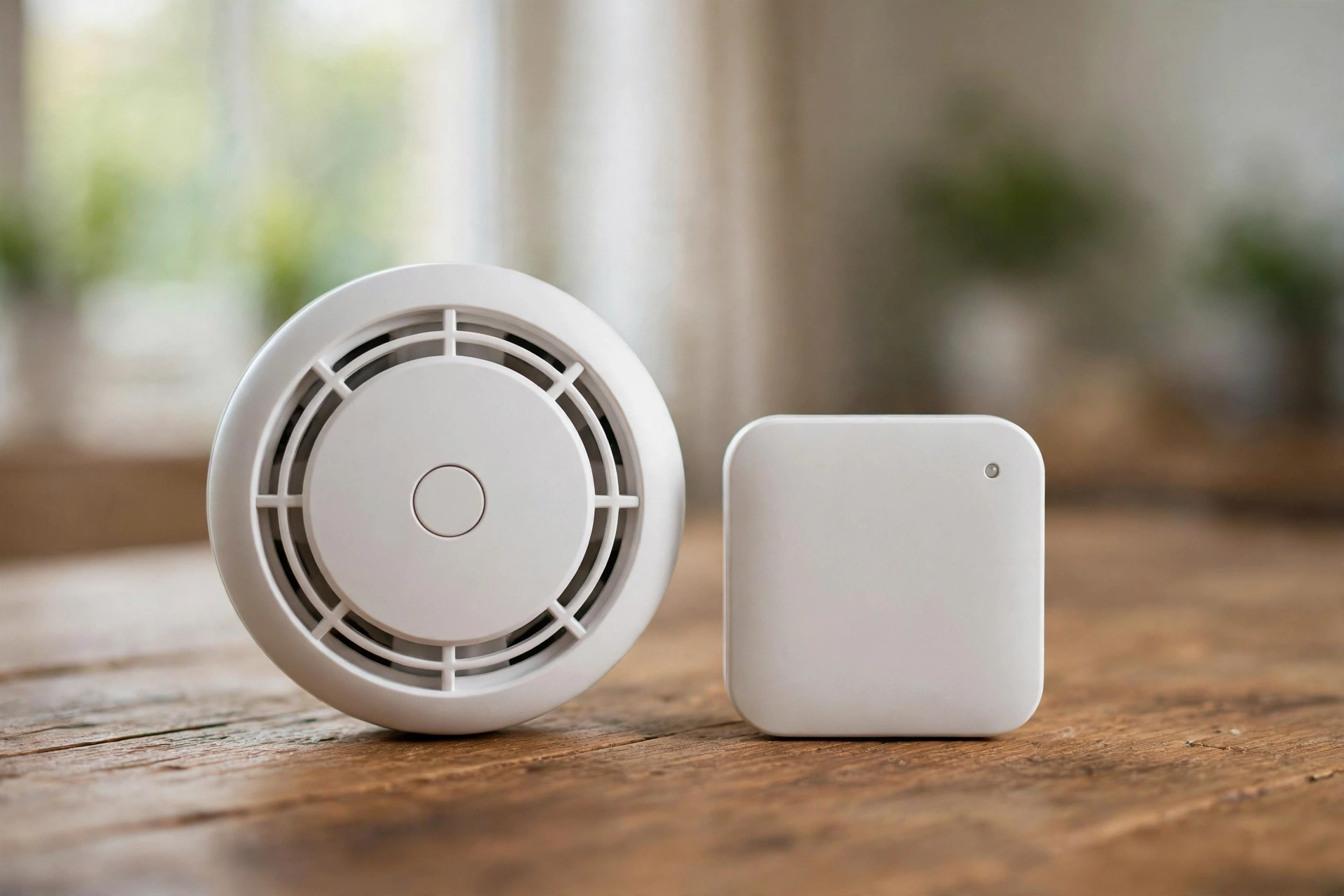 Smoke detector and carbon monoxide detector side by side on a table