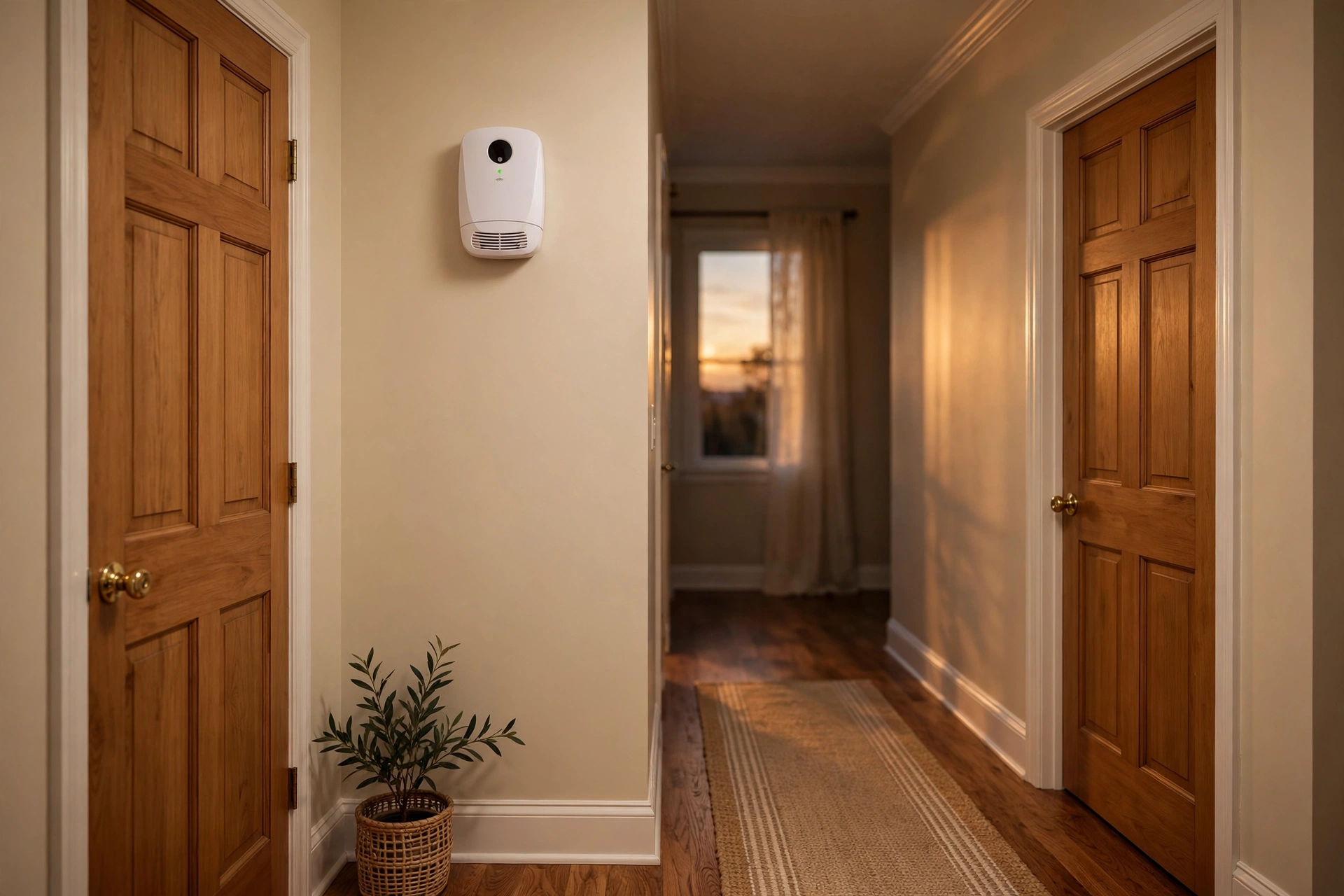 Carbon monoxide detector mounted on a hallway wall near bedrooms