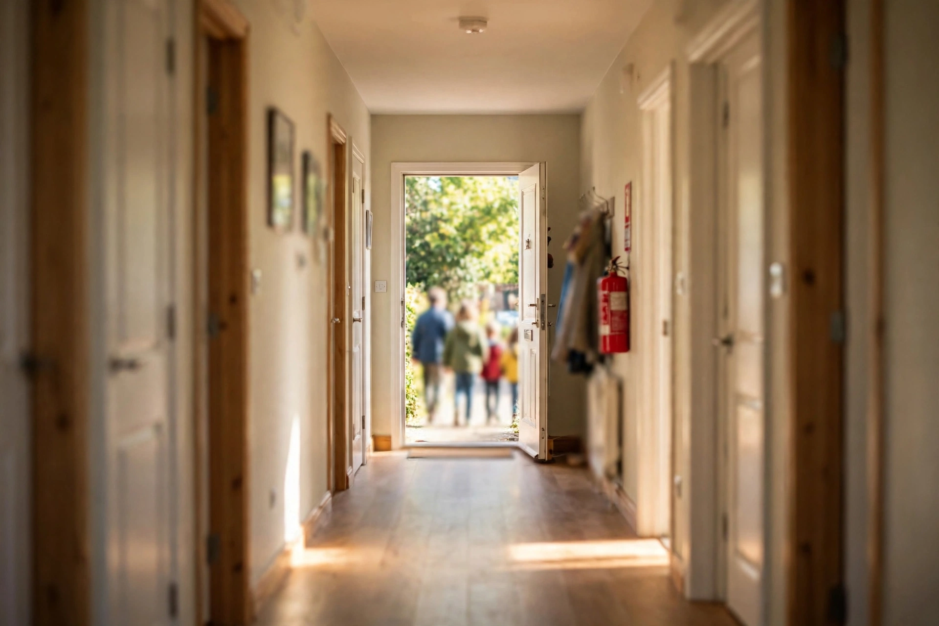 Family practicing a fire escape plan in a hallway