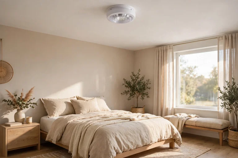 Strobe smoke alarm installed on a bedroom ceiling