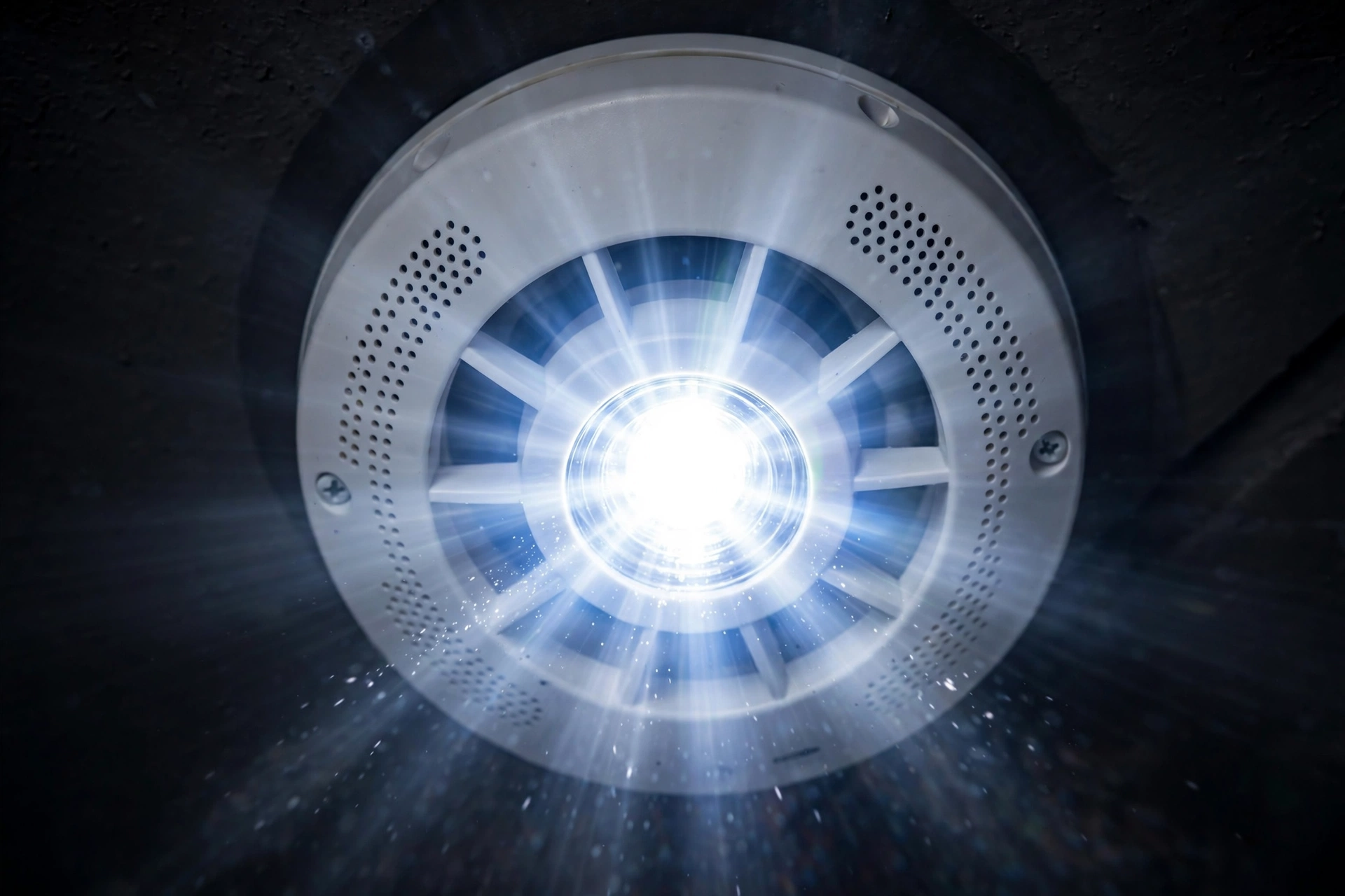 Strobe smoke alarm flashing brightly at night