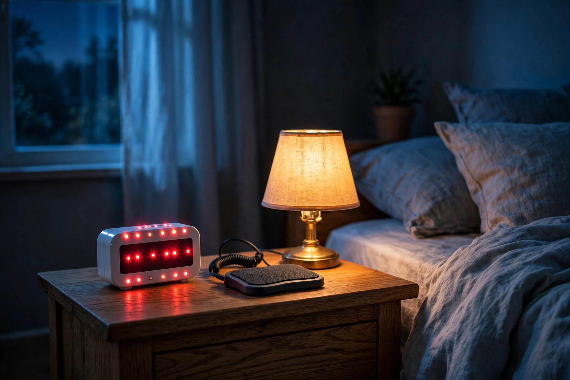 Bed shaker alarm clock on a bedside table at night