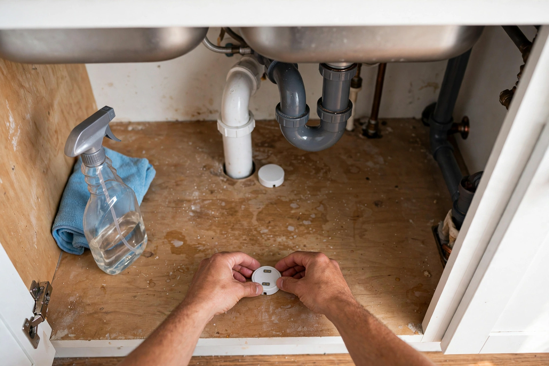 Homeowner placing a water leak detector under a kitchen sink